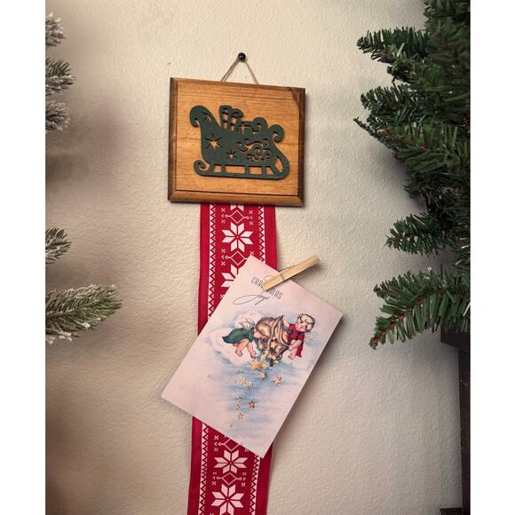 Holiday Card Holder Wooden Topper Green Christmas Tree Red Plaid Wide Ribbon - Picture 1 of 5